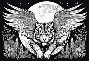 Tiger with wings hunting flying owl full moon forest tattoo idea
