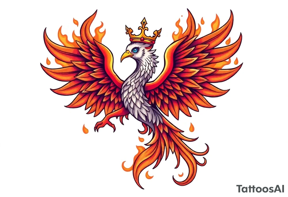 powerful majestic Phoenix with crown, surrounded by flames tattoo idea