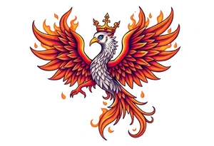 powerful majestic Phoenix with crown, surrounded by flames tattoo idea