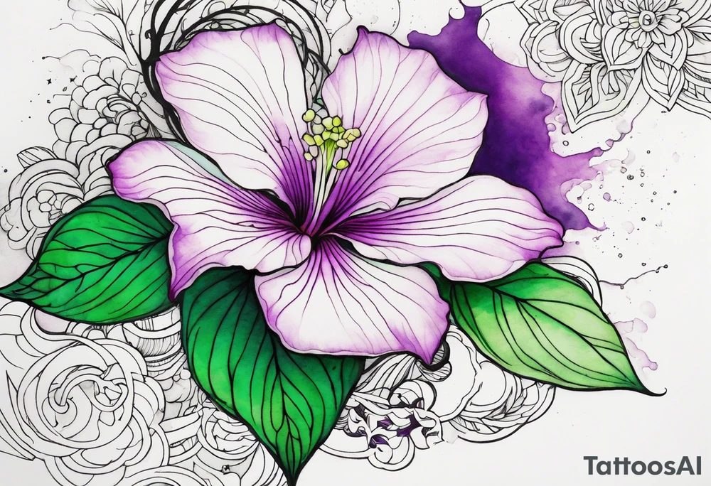 A mystical outline of a green with a bit of purple rio dipladenia flower and a green and purple watercolor splash in the background tattoo idea