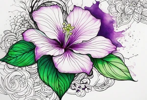 A mystical outline of a green with a bit of purple rio dipladenia flower and a green and purple watercolor splash in the background tattoo idea