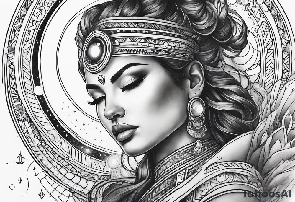 Close up of a beautiful goddess creating the universe tattoo idea