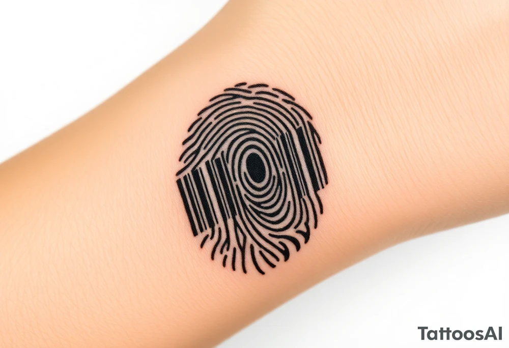 A barcode seamlessly merging into a fingerprint, symbolizing love that is unique and irreplaceable. tattoo idea