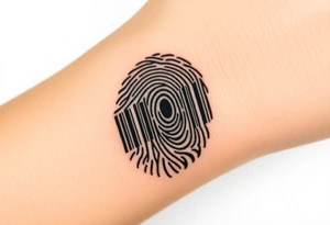 A barcode seamlessly merging into a fingerprint, symbolizing love that is unique and irreplaceable. tattoo idea