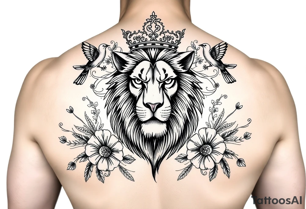 powerful majestic lion with a crown, surrounded by floral ornaments and birds tattoo idea