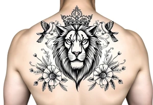 powerful majestic lion with a crown, surrounded by floral ornaments and birds tattoo idea