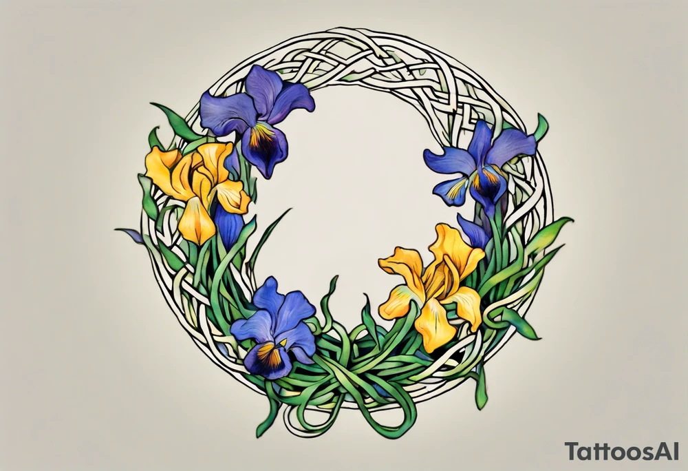 Create a small, colorful Vincent van Gogh Irises tattoo in the form of a crescent, with vines in Celtic knot style gracefully intertwining at a central point in the middle of the wreath. The intended placement is on the upper chest. The middle needs mountains. The overall design should be small in size while maintaining a delicate and artistic aesthetic. Pay attention to the graceful flow of the vines and the placement of the irises to achieve a refined and elegant look. tattoo idea