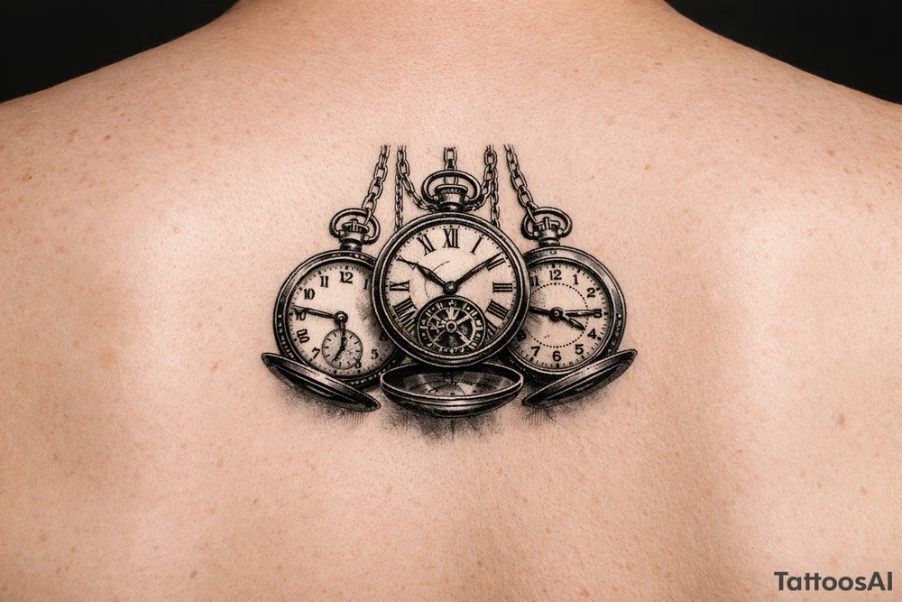 Cluster of three open pocket watches, suspended on chains. show on upper arm tattoo idea