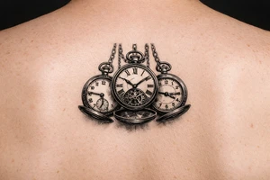 Cluster of three open pocket watches, suspended on chains.  show on upper arm tattoo idea