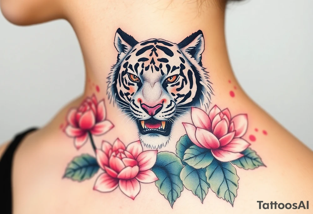 fierce tiger emerging through blooming lotus flowers in mist tattoo idea