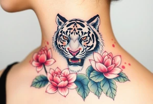 fierce tiger emerging through blooming lotus flowers in mist tattoo idea