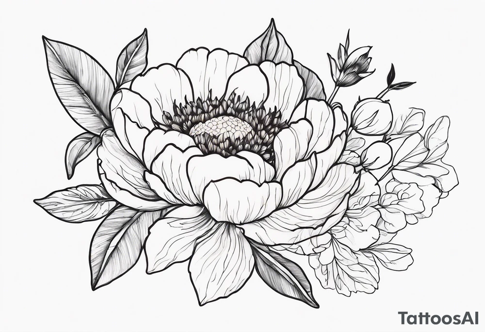 peony, calendula, sunflower, tulip, cherry blossom and ginko leaf tattoo idea