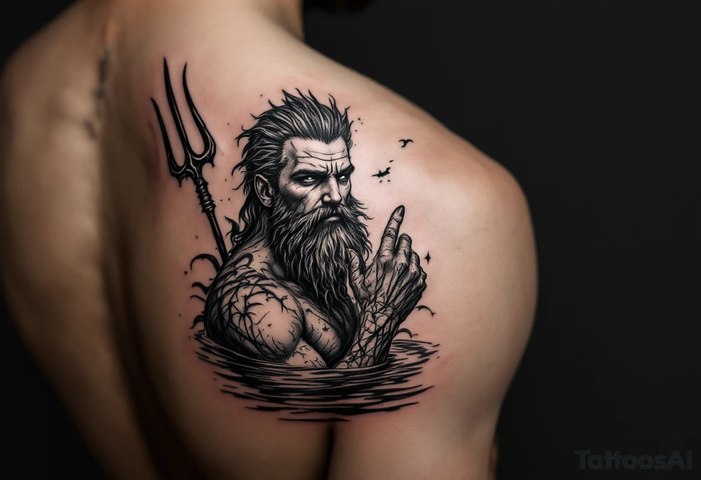 fit poseidon, with trident, in calm water, looking at the sky tattoo idea