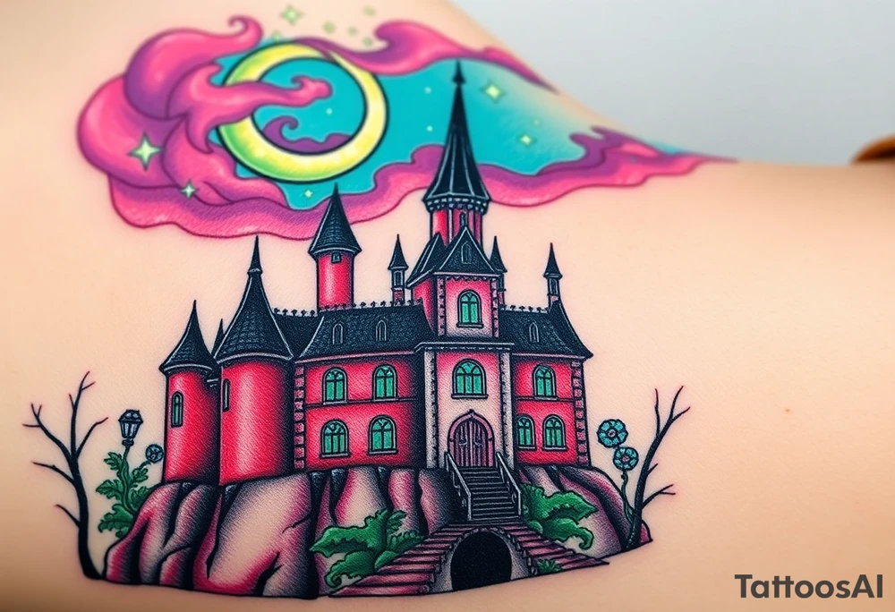 Tim Burton’s disney sleeping beauty’s haunted castle is abandoned and dripping with muted reds, dusty pinks, and eerie green glow.purple and cyan smokey clouds swirl in the crescent moonlit sky thats sprinkled with stars tattoo idea tattoo idea