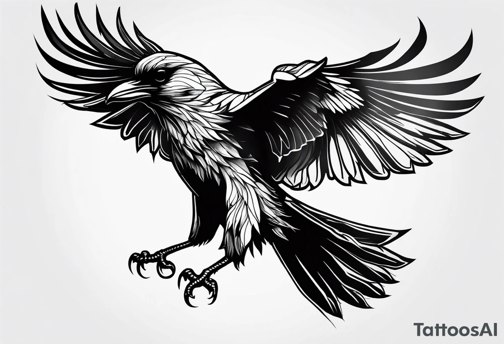 outline drawing of a flying raven with wings of fire tattoo idea