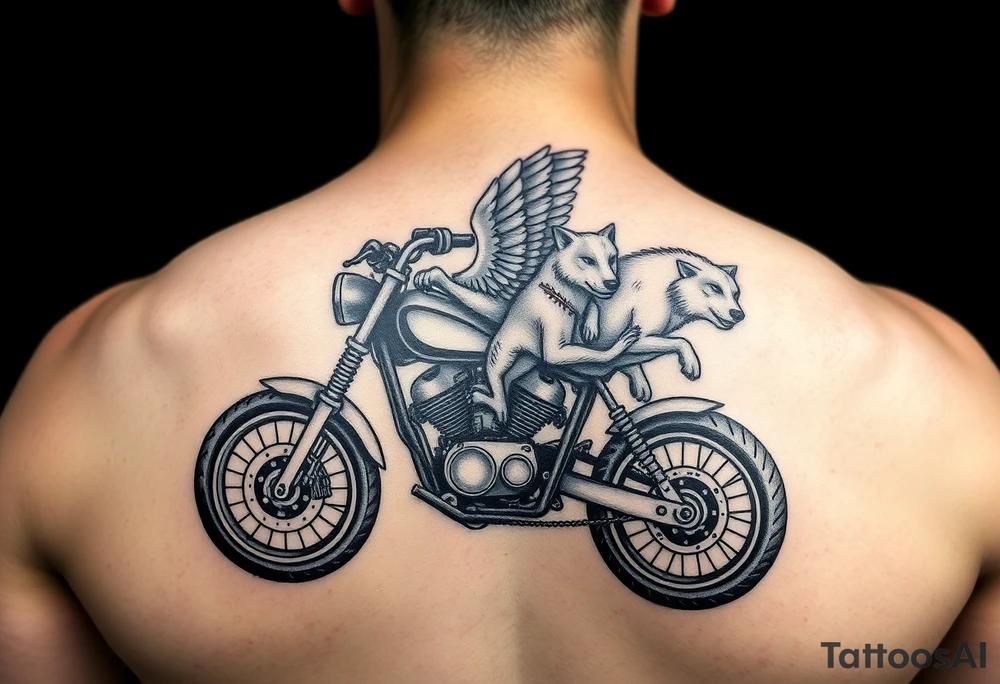 a motorcycle on it with guardian angel wolves on the bike tattoo idea