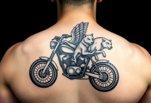 a motorcycle on it with guardian angel wolves on the bike tattoo idea