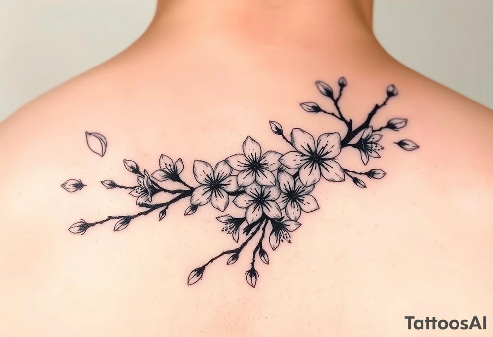 delicate cherry blossoms swirling in spring breeze with petals tattoo idea