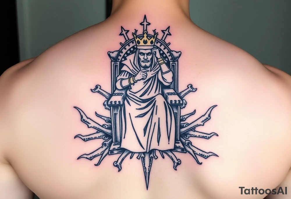 The king in yellow sitting on his throne of bones tattoo idea