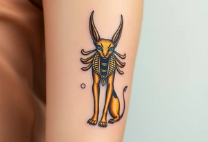 A golden Anubis with piercing ice-blue eyes, standing at the gates of the underworld, surrounded by swirling desert sand tattoo idea