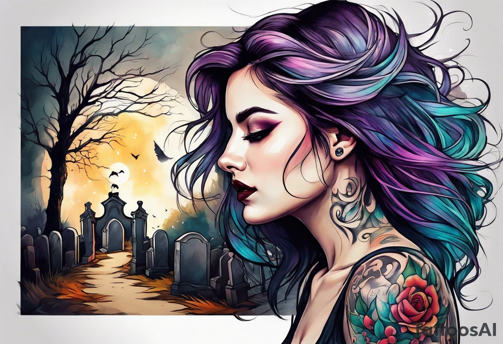 Woman with a tear running down her face walking out of a graveyard  leaving her old terrifying, scary, violent past behind her ethereal and mysterious tattoo idea