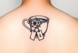 Dainty cup of tea with one handle small floral arrangement and a tea bag tag hanging over the edge of the cup tattoo idea
