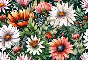 wildflowers with thistles, ferns, white flowers, cream flowers, green flowers, pink flowers, burnt orange flowers, red flowers and all in watercolor tattoo idea