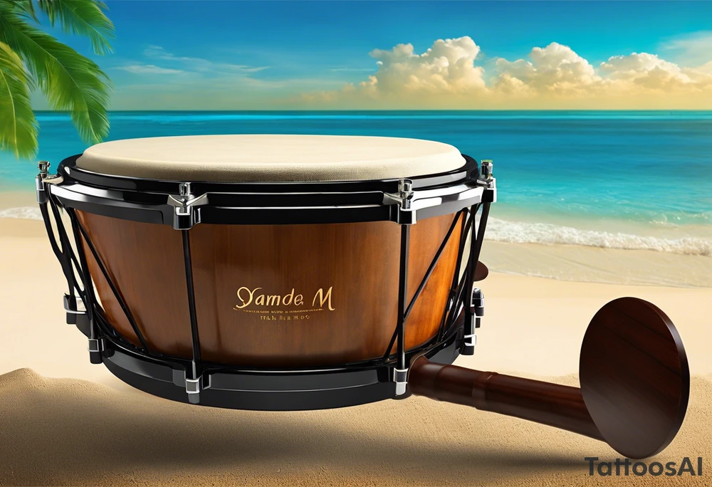 A pandeiro, a traditional Brazilian percussion instrument from pagode music, with the lyrics 'If anyone asks about me, tell them I went away' integrated into the design. The image should evoke a sense of freedom and wandering, as it represents my love for samba and my journey through different countries. The pandeiro should be the central element, with flowing musical notes surrounding it and the lyrics curving around in a handwritten style, all designed to fit as a leg tattoo. Preferably in black and white. tattoo idea