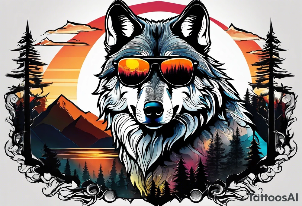 Badass wolf wearing sunglasses
Dark woods
Mountains
Sunset tattoo idea