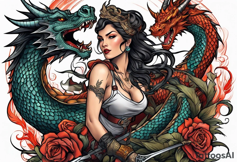 Naked woman fighting a dragon tattoo idea