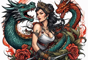 Naked woman fighting a dragon tattoo idea