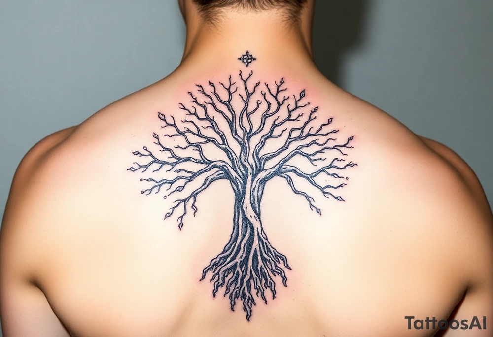 mystical tree of life with cosmic roots and celestial branches tattoo idea