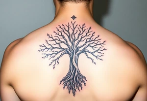 mystical tree of life with cosmic roots and celestial branches tattoo idea
