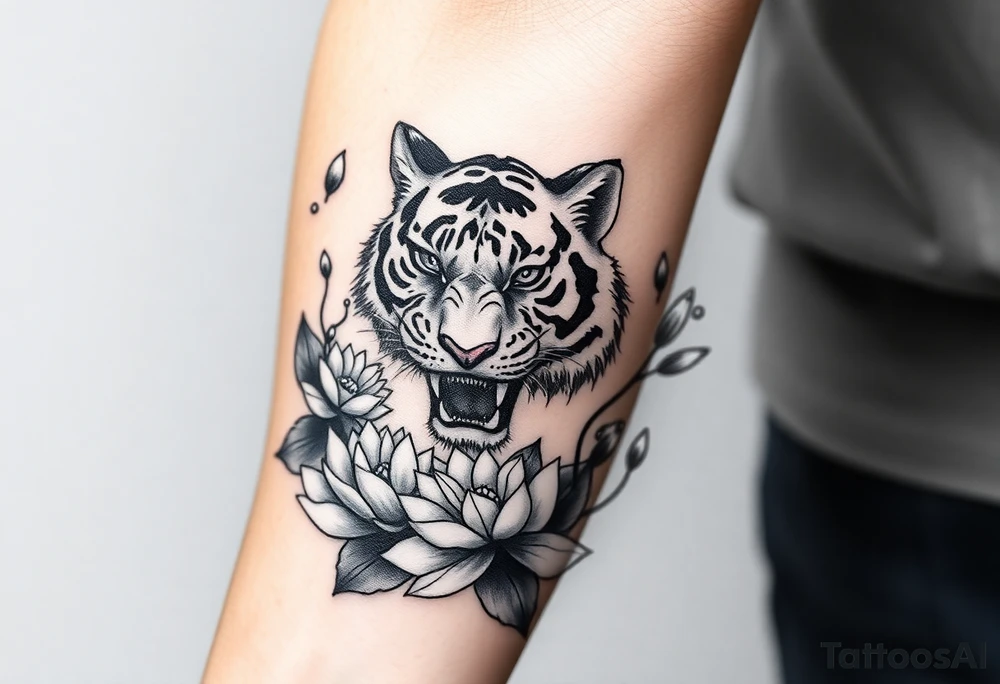 fierce tiger emerging through blooming lotus flowers in mist tattoo idea