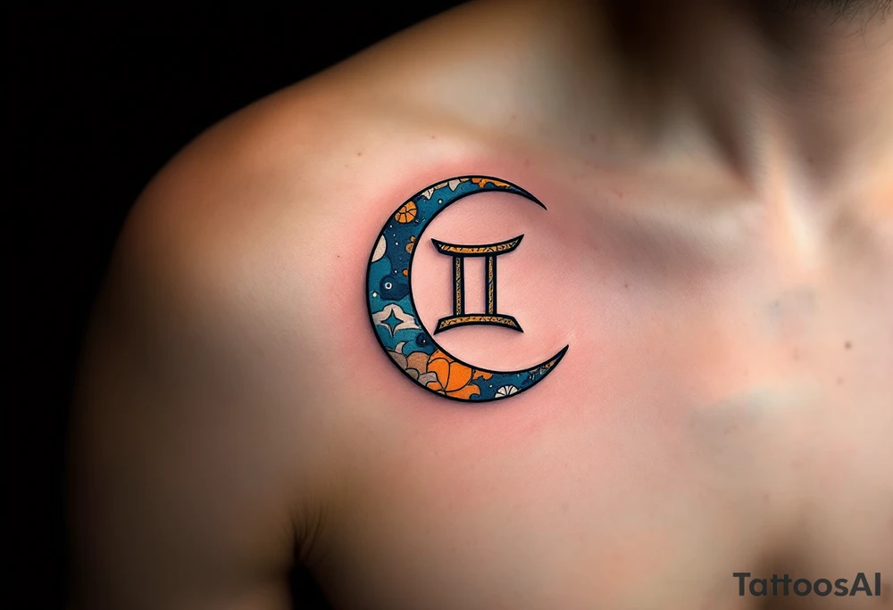 A crescent moon with a Gemini symbol in the center, accented with oranges, blues, and whites. tattoo idea