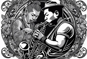 Muay thai boxer playing on tenor saxophone in a jazz club front of a jazz trio band. The notes are coming out from the saxophone and turning into buddhist symbols. tattoo idea