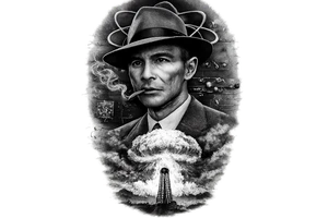 Design a highly detailed black-and-grey realism tattoo of J. Robert Oppenheimer, vertical composition for an upper arm/forearm tattoo. Oppenheimer is shown from the chest up in his iconic 1940s suit and fedora, gaunt face, intense distant expression, cigarette smoke curling around him. Behind his portrait is the Trinity atomic bomb test exploding over the New Mexico desert, with a massive mushroom cloud glowing white at the center and fading into dark smoke. Integrate a subtle atomic orbital symbol behind his head like a halo, thin handwritten theoretical physics equations, nuclear fission diagrams, and faint blueprint-style schematics of the Trinity bomb throughout the background. At the bottom, show a lonely desert test tower silhouetted against the blast. Hide a small Los Alamos security badge or Manhattan Project symbol within the composition. Dramatic chiaroscuro lighting, extremely high contrast, deep blacks, smooth greywash shading, realistic skin texture, vintage 1940s atmosphere, haunting and intellectual rather than cartoonish. Tattoo-ready design, clean silhouette, readable from a distance, strong focal hierarchy, negative space between elements, no rectangular background, elements naturally fading into skin, professional award-winning tattoo design, black ink and greywash only, hyper-detailed engraving mixed with photorealism. tattoo idea