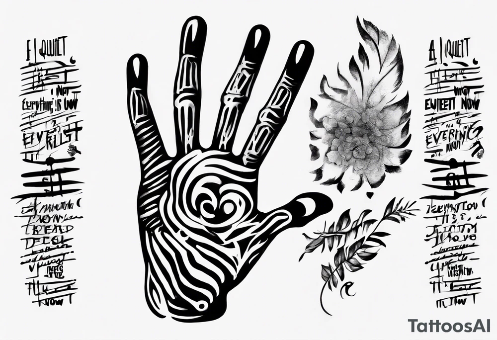 Handprint with words “Everything is Quiet Now” tattoo idea