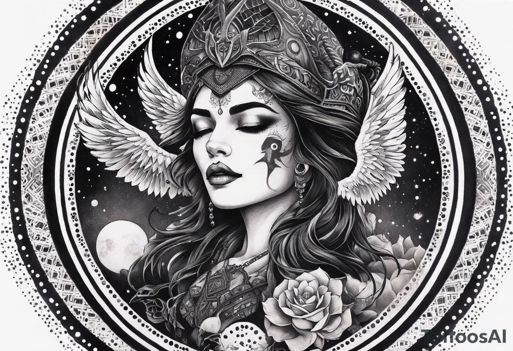 black kali, goddess pirate, alien, angel, pachamama, valkrye, warrior, flying, skull, lotus azul, wing, eagle, zenza resonance, stars, 5D, anahata chakra, death, durga, riding on a tiger, flying lady, chest tatoo tattoo idea