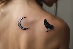 A howling black wolf for his shoulder blade and a silver crescent moon for her shoulder blade on the shoulders echo primal loyalty. tattoo idea