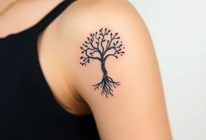 A delicate Amity tree with intertwining roots, shaped into a heart, symbolizing peace and unity, representing sci fi movie Divergent tattoo idea