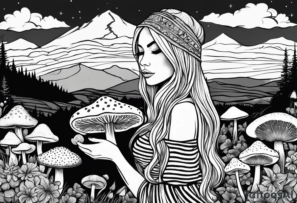 Straight long blonde hair hippie girl in distance holding mushrooms in hand facing away toward mountains and creek surrounded by mushrooms black and white striped dress tattoo idea