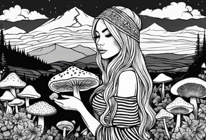 Straight long blonde hair hippie girl in distance holding mushrooms in hand facing away toward mountains and creek surrounded by mushrooms black and white striped dress tattoo idea