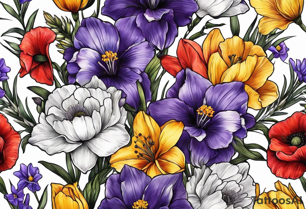 Hand bouquet with Violet, Daffodil, Gladiolus, Poppy, Cosmos tattoo idea