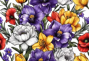 Hand bouquet with Violet, Daffodil, Gladiolus, Poppy, Cosmos tattoo idea