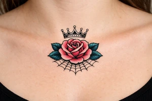 Pink and petrol rose , petrol leaves no stem, minimalist crown above it, crown is black and white and has no gems, spider web beneath tattoo idea