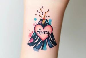 Geometric Volcano erupting into a heart with text Avery tattoo idea