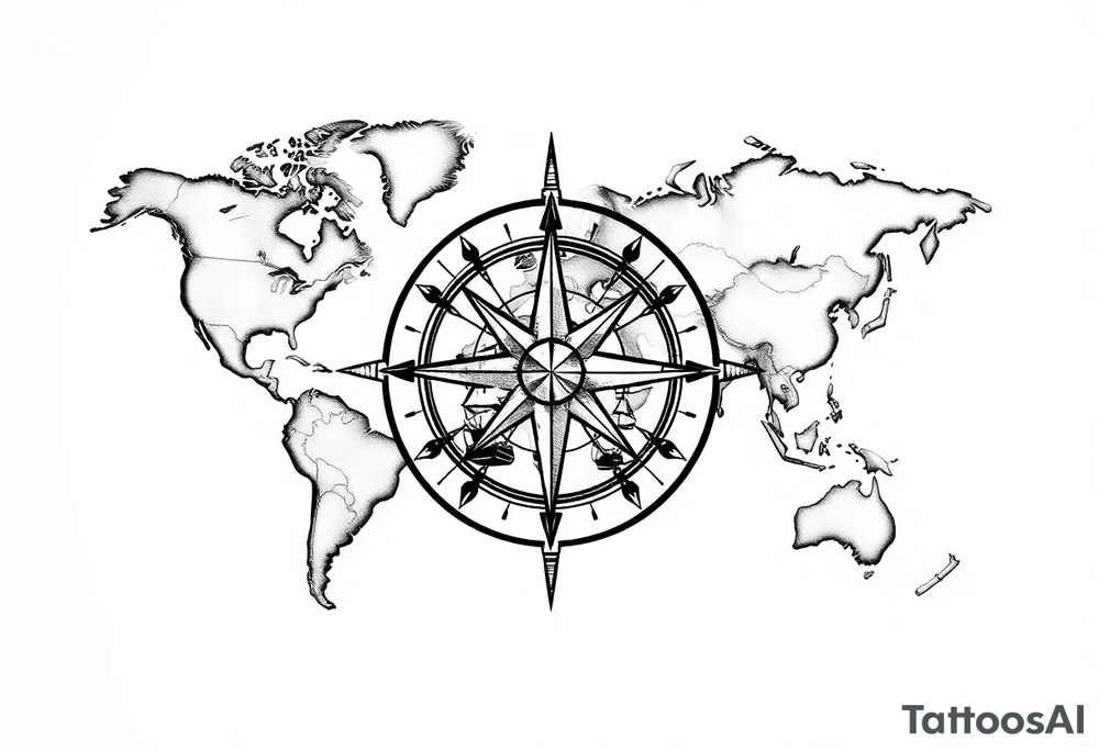 antique compass rose overlaid on weathered world map with sailing ships tattoo idea