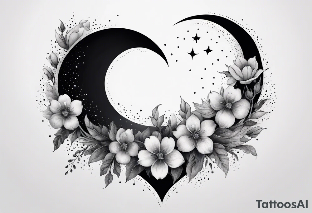 Crescent moon with a heart inside, shrouded by beautiful flowers with wisps of mist tattoo idea
