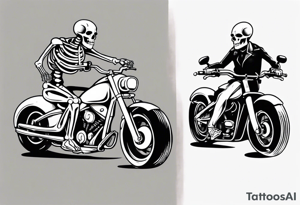 A skeleton and a Pitt bull driving a motorcycle tattoo idea